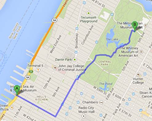 Itinéraire calculé par Google Maps, entre le Metropolitan Museum of Art et le Intrepid Sea, Air & Space Museum (New York City)
